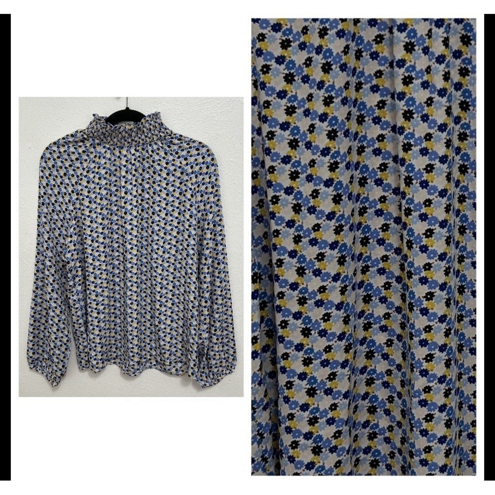 LOFT Blue Yellow Chiffon Micro Floral Smocked Neck Blouse Top Size L Mature